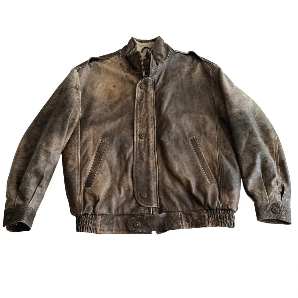 Maquette VTG Distressed Brown Leather‎ Sherpa Fleece Lined Bomber Jacket sz 44